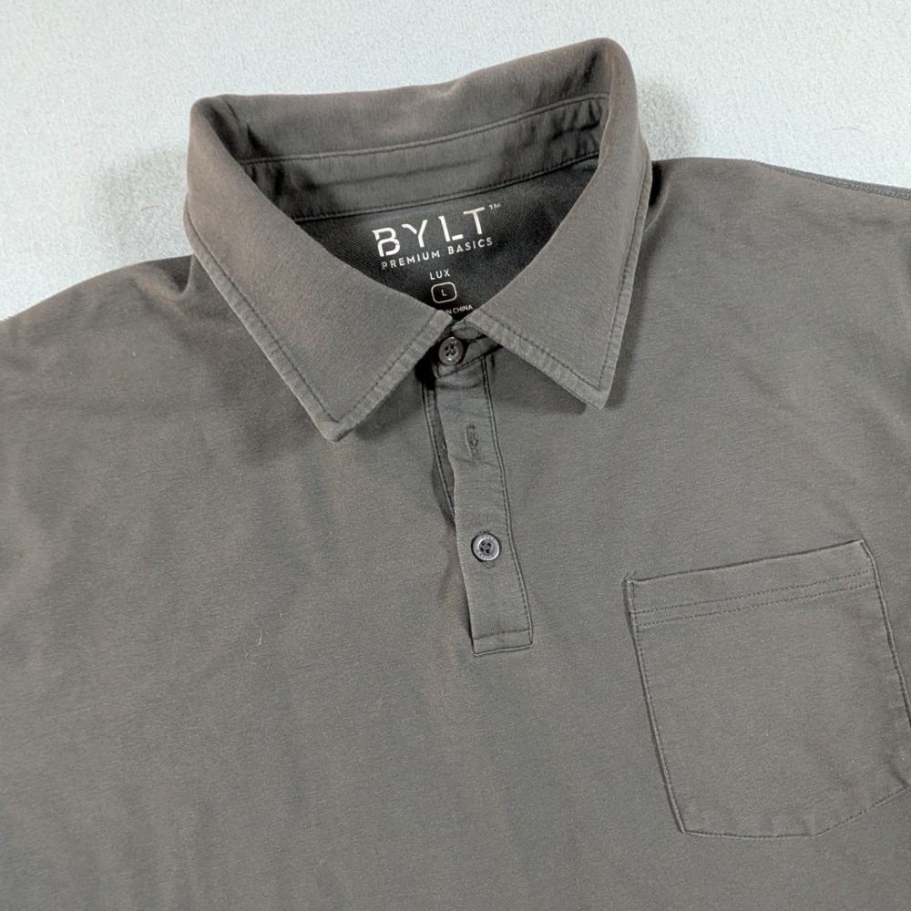 BYLT Lux Polo Shirt Mens Large Gray Short Sleeve Pocket Curved Hem Stretch